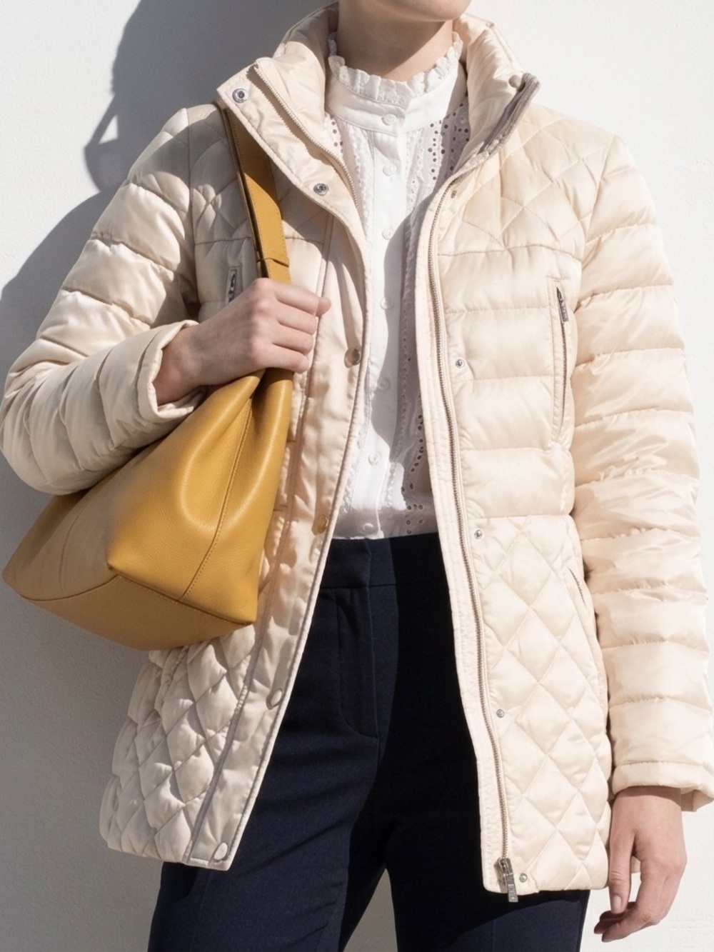 Esprit Down Feather Puffer Jacket Car Coat Faux Detachable Fur Collar Ivory M